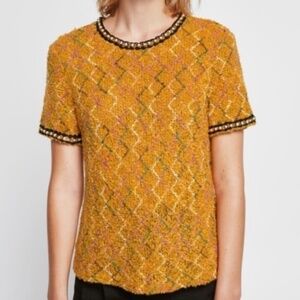 New Zara Tweed and Gold Chain Embellishing Short Sleeve Top size 12
